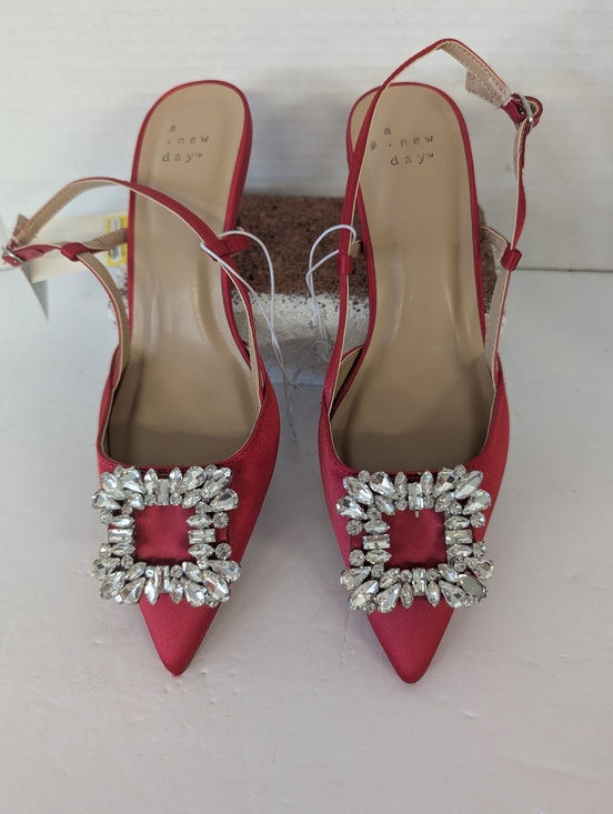 a new day Shoes - A New Day Red Satin Pointed-Toe Slingback Heels with Crystal Buckle NWT